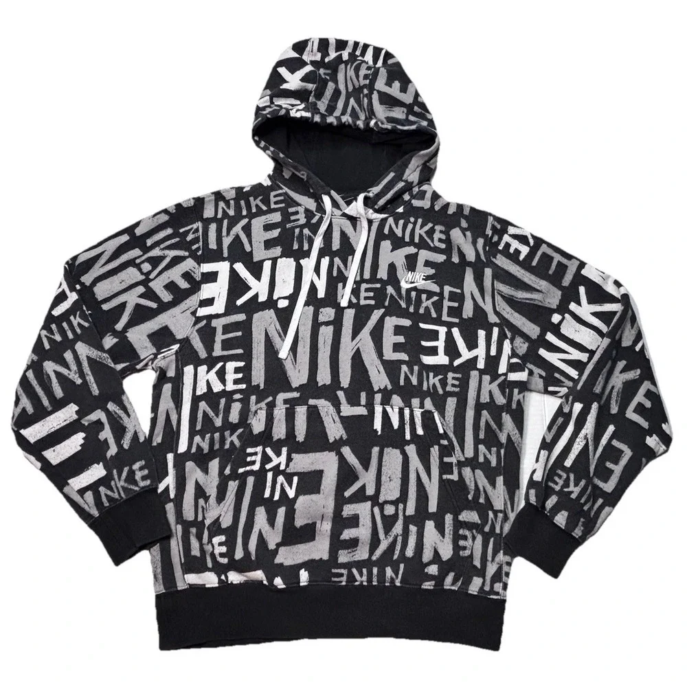 Nike‎ DA0061-010 Graffiti Logo All Over Print Hoodie Black White Small Men's